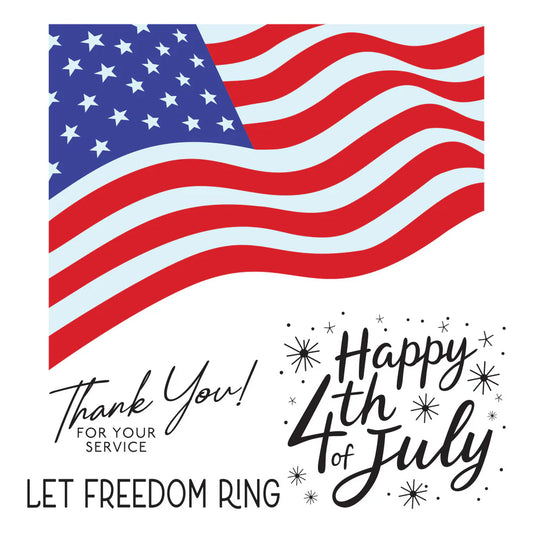 American flag with 'Happy 4th of July' text and 'Thank you for your service' message on a white background.