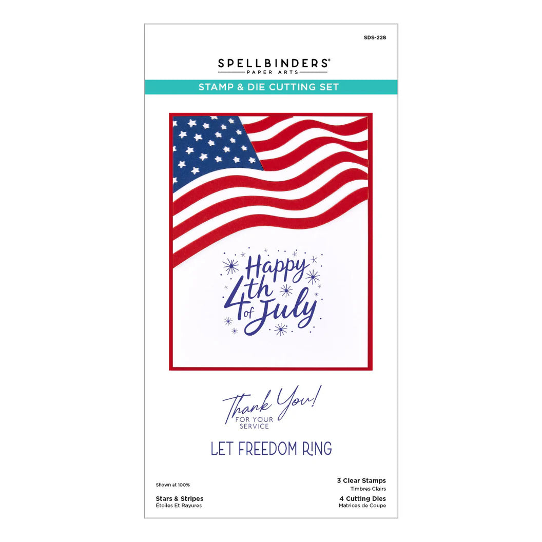 Spellbinders stamp and die cutting set packaging with American flag and text on a white background