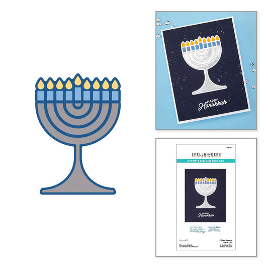 Menorah cutout with 'Happy Hanukkah' card and Spellbinders cutting set on a white background