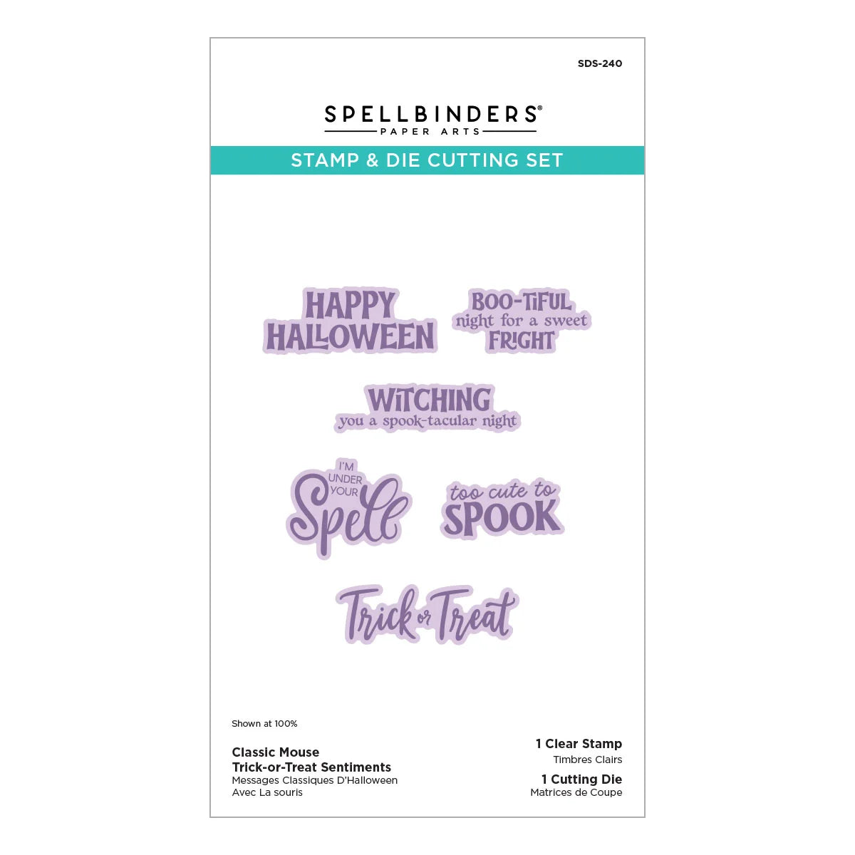 Spellbinders 'Trick or Treat' stamp and die cutting set package, featuring purple text designs including 'Happy Halloween', 'Witching you a sweet fright', 'Spell', 'too cute to SPOOK', and 'Trick or Treat' on a white background.