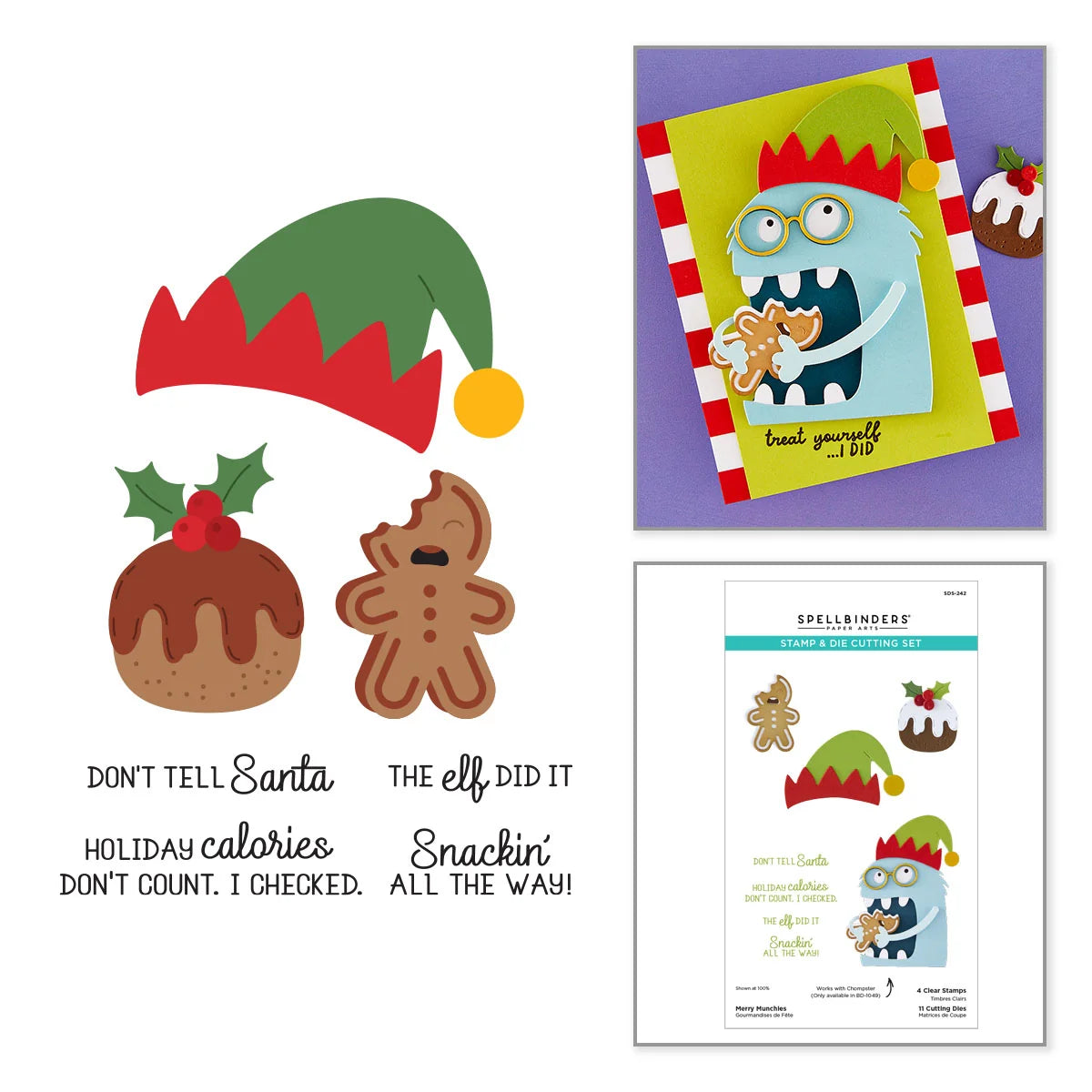 A collage showing Christmas-themed craft or stationery designs: a green and red elf hat, a gingerbread figure, a pudding, and printed text, alongside a sample card and a package insert from Spellbinders.