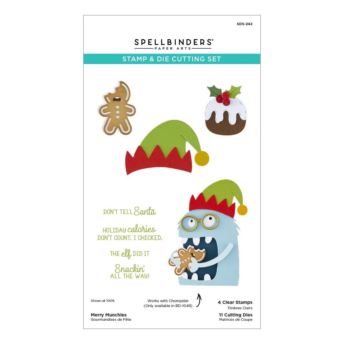 Spellbinders Stamp & Die Cutting Set  featuring a festive Christmas theme with a gingerbread cookie, pudding, and an elf character. The packaging displays the product's branding, design elements, and specifications for 4 clear stamps and 11 cutting dies.