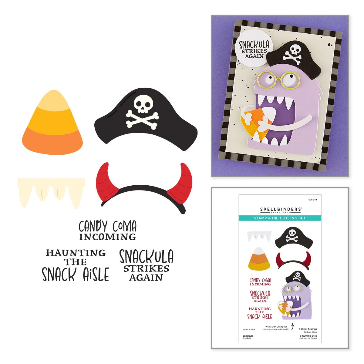 A craft stamp and die set featuring Halloween-themed designs: a candy corn, a black pirate hat with a skull and crossbones, a horned mask, a monster face, and text stamps reading 'Candy Coma Incoming,' 'Haunting the Snack Gable,' 'Snackula Strikes Again,' and 'Snackula Strikes Again Again.' The set includes a sample assembled card on a purple background and the retail package front on a white background.