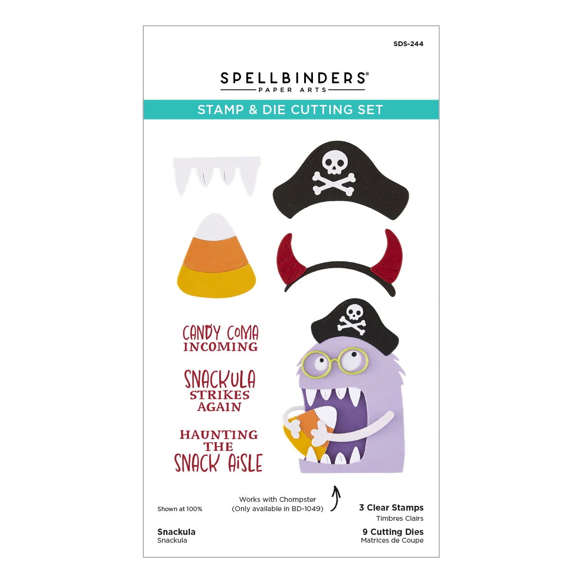 Spellbinders by Paper Arts Stamp & Die Cutting Set package, featuring pirate hat, candy corn, horn, and snackula illustrations on a white card with product text and item numbers.