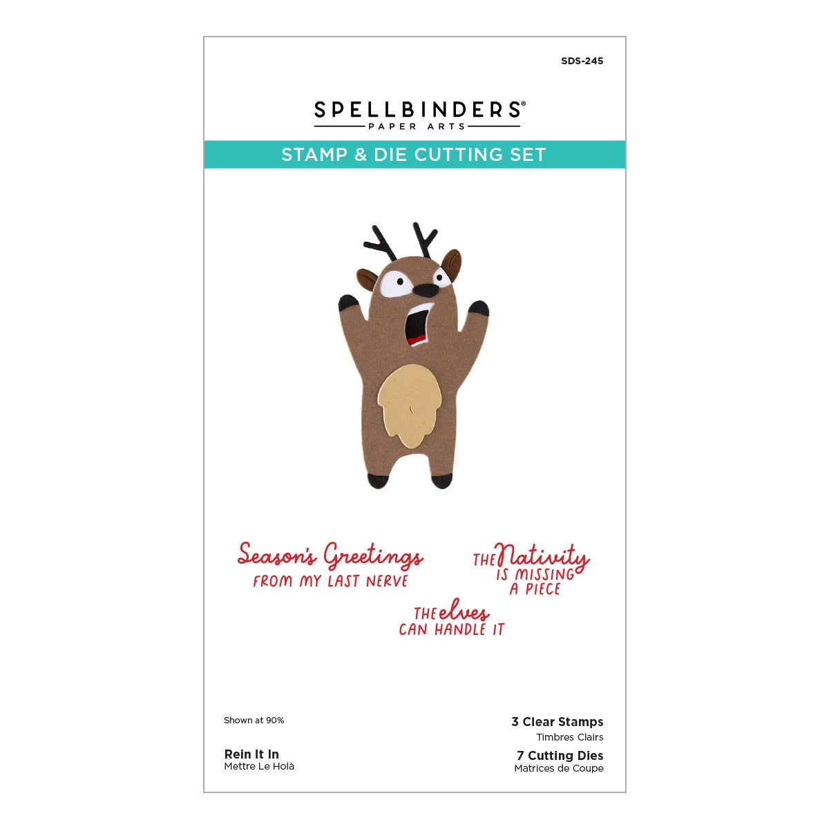 Spellbinders 'Rein' It In' stamp and die cutting set package, featuring a cartoon reindeer illustration and red text stamps on a white background.