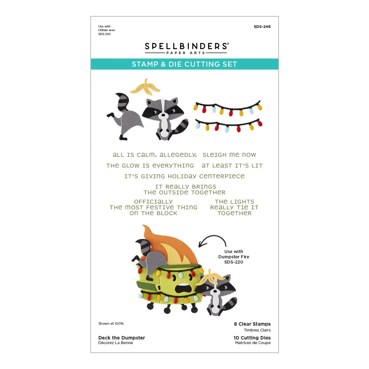Spellbinders Paper Art Stamp & Die Cutting Set package, featuring a white background with colorful illustrations of woodland animals, a banana, string lights, and a dump truck, plus product text and codes.