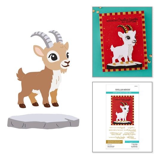 A craft kit design featuring a cartoon baby goat on a gray stone base, shown alongside the assembled card and the printed package insert. The card has a red background with a white goat, a turquoise border, and decorative text.