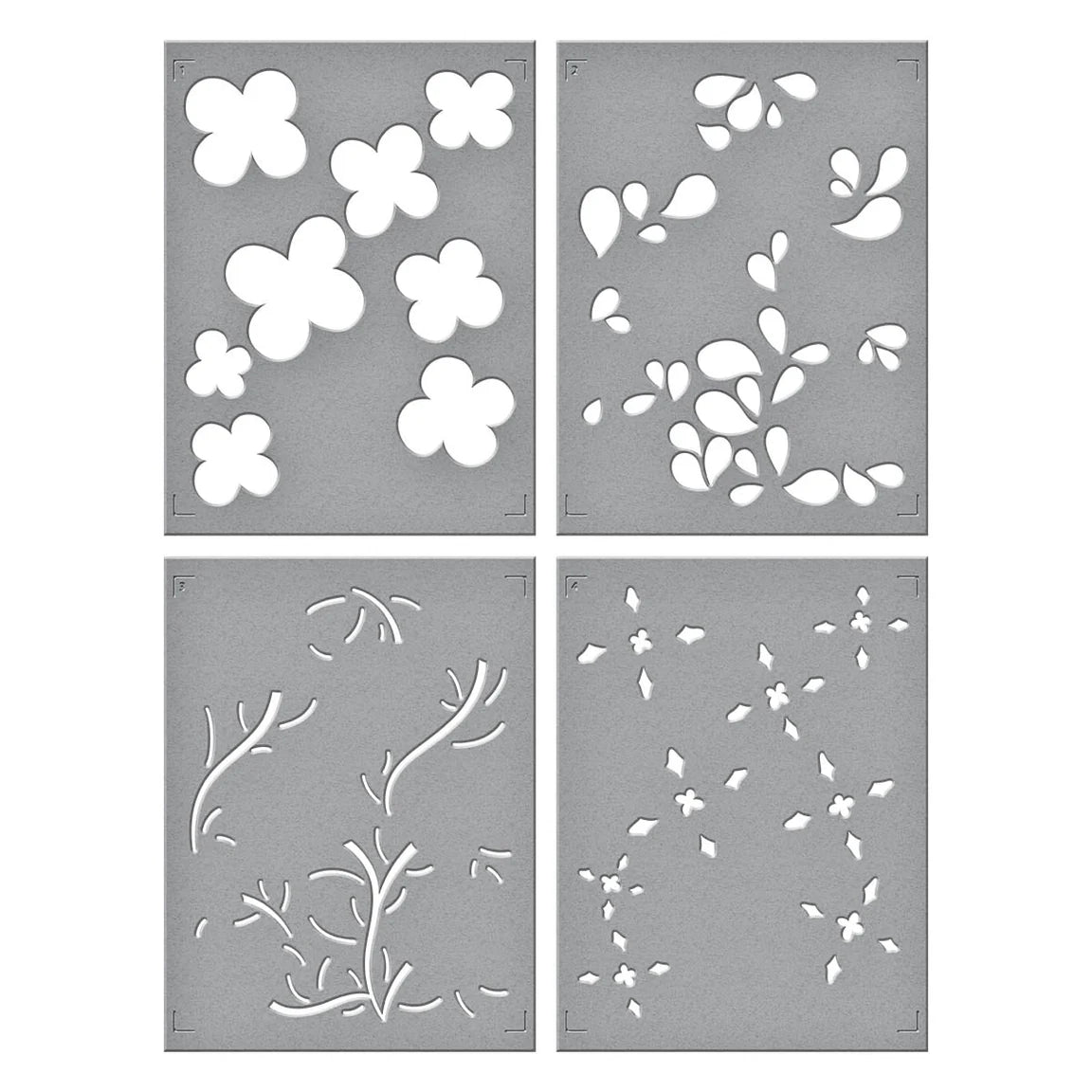 Four floral stencils on a gray background