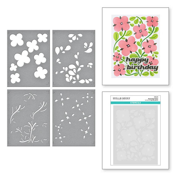 Set of floral stencils with a 'happy birthday' card on a white background