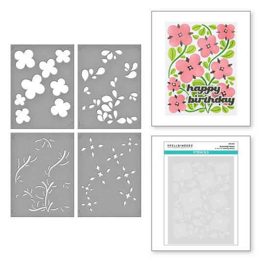 Set of floral stencils with a 'happy birthday' card on a white background