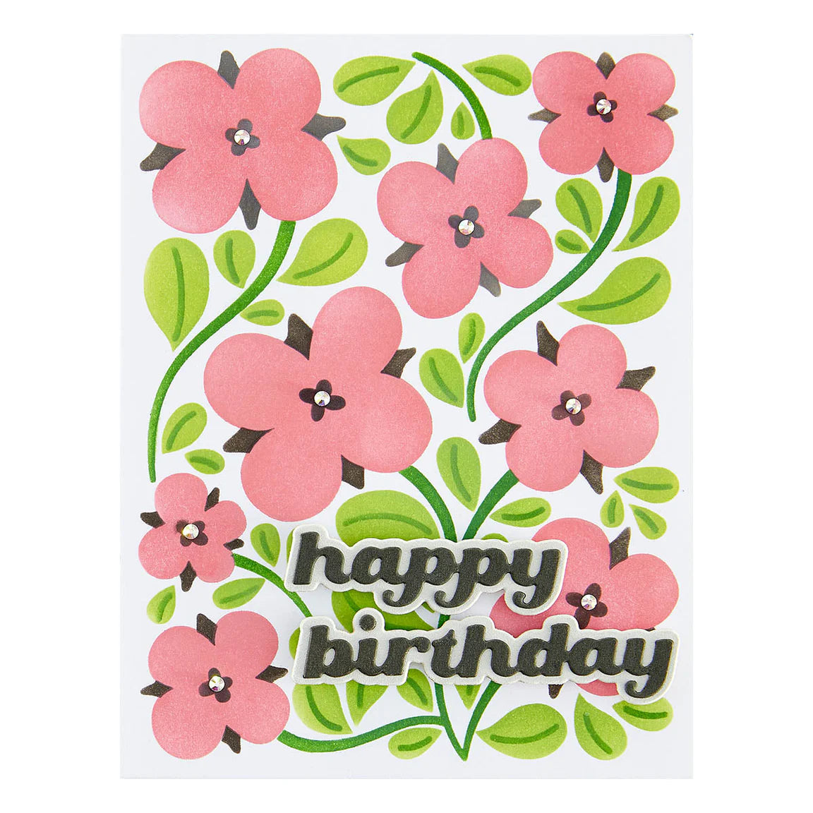Greeting card with pink flowers and 'happy birthday' text on a white background