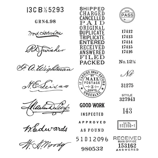 Collection of vintage stamps and text on a white background