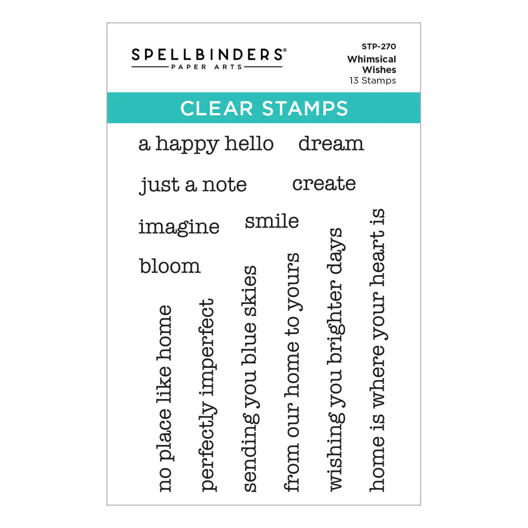 Spellbinders clear stamps with various phrases on a white background