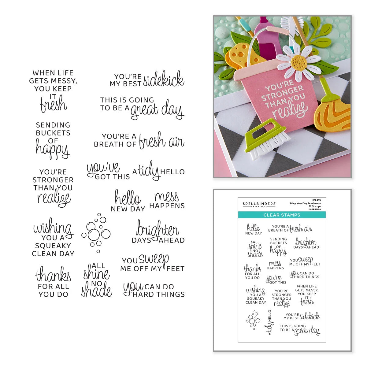 Set of clear stamps with motivational phrases and a sample card design.