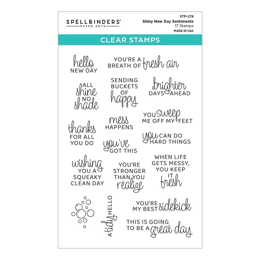 Set of clear stamps with various motivational phrases on a white background, branded 'Spellbinders'.