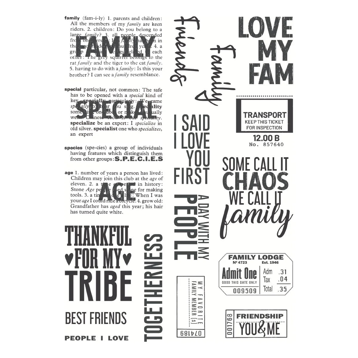 Black text and phrases stamps for everyday life by Spellbinders on a white background