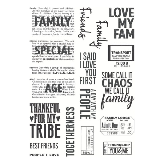 Black text and phrases stamps for everyday life by Spellbinders on a white background
