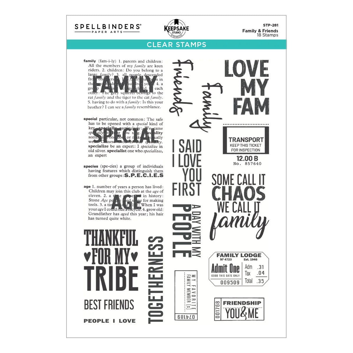 A sheet of Spellbinders Family & Friends Clear Stamps by Nescape, featuring various black and gray typographic stamp designs on a white background with a teal header.
