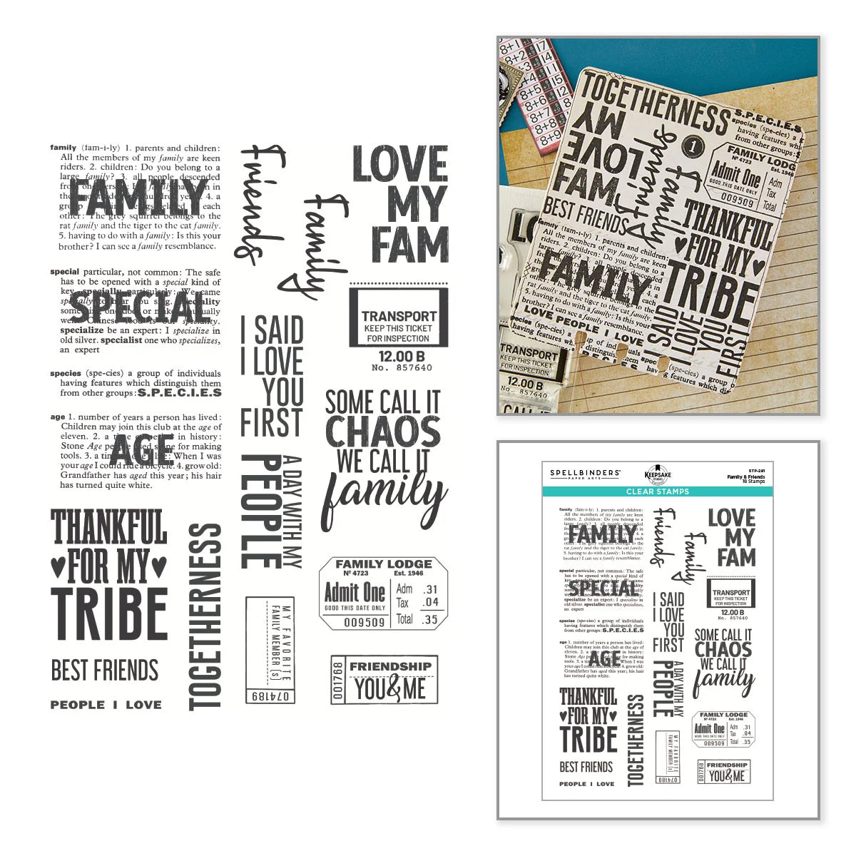 Clear stamp set sheet with multiple typographic family-themed stamps shown alongside example stamped papers and a packaging-style layout on a white background.