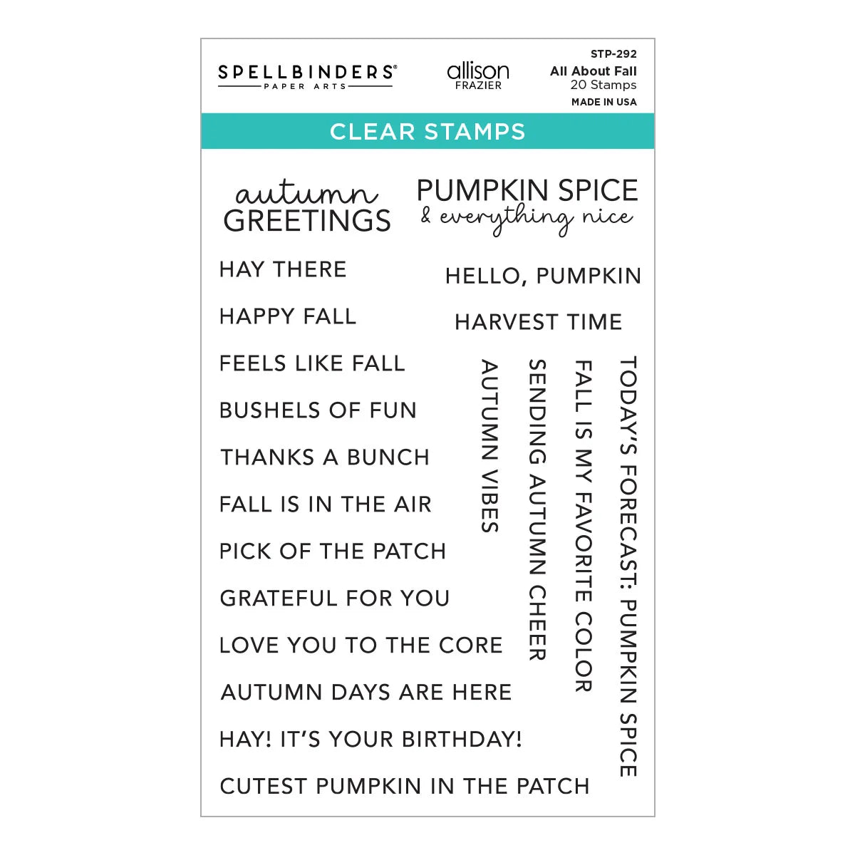 Spellbinders All About Fall Clear Stamps sheet featuring 20 pumpkin spice and autumn-themed clear stamps on a white background.