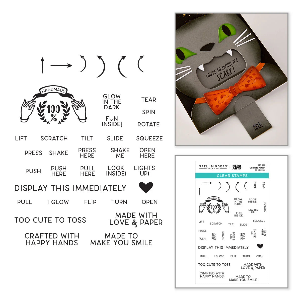 A collage showing a craft stamp set and packaging. The left side displays the black rubber stamp designs and instructions, including a transformation sequence and a list of stamp actions.