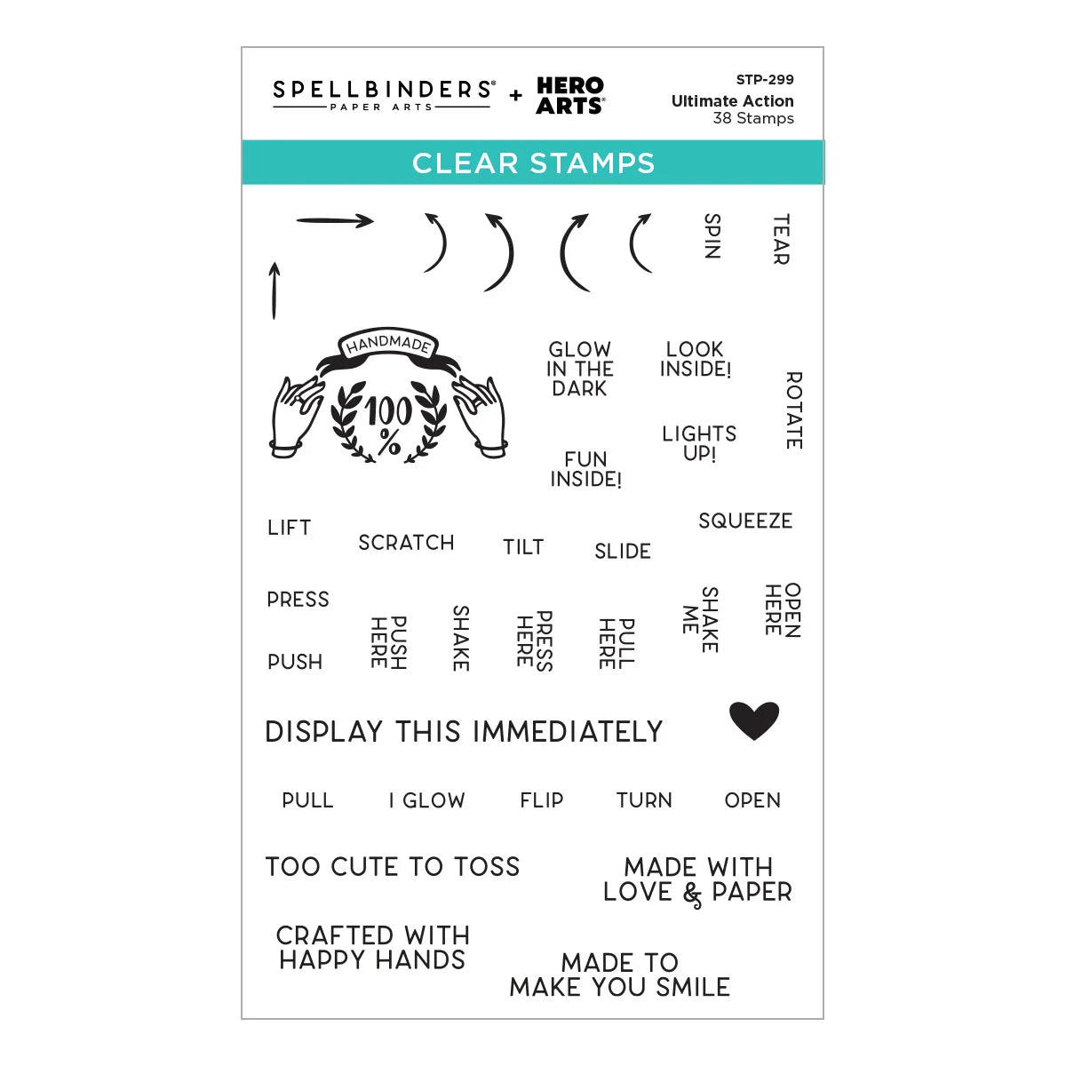 Spellbinders by Hero Arts Clear Stamps sheet STP-299, featuring 30 different black and white rubber stamps with various text and symbol designs on a white background.