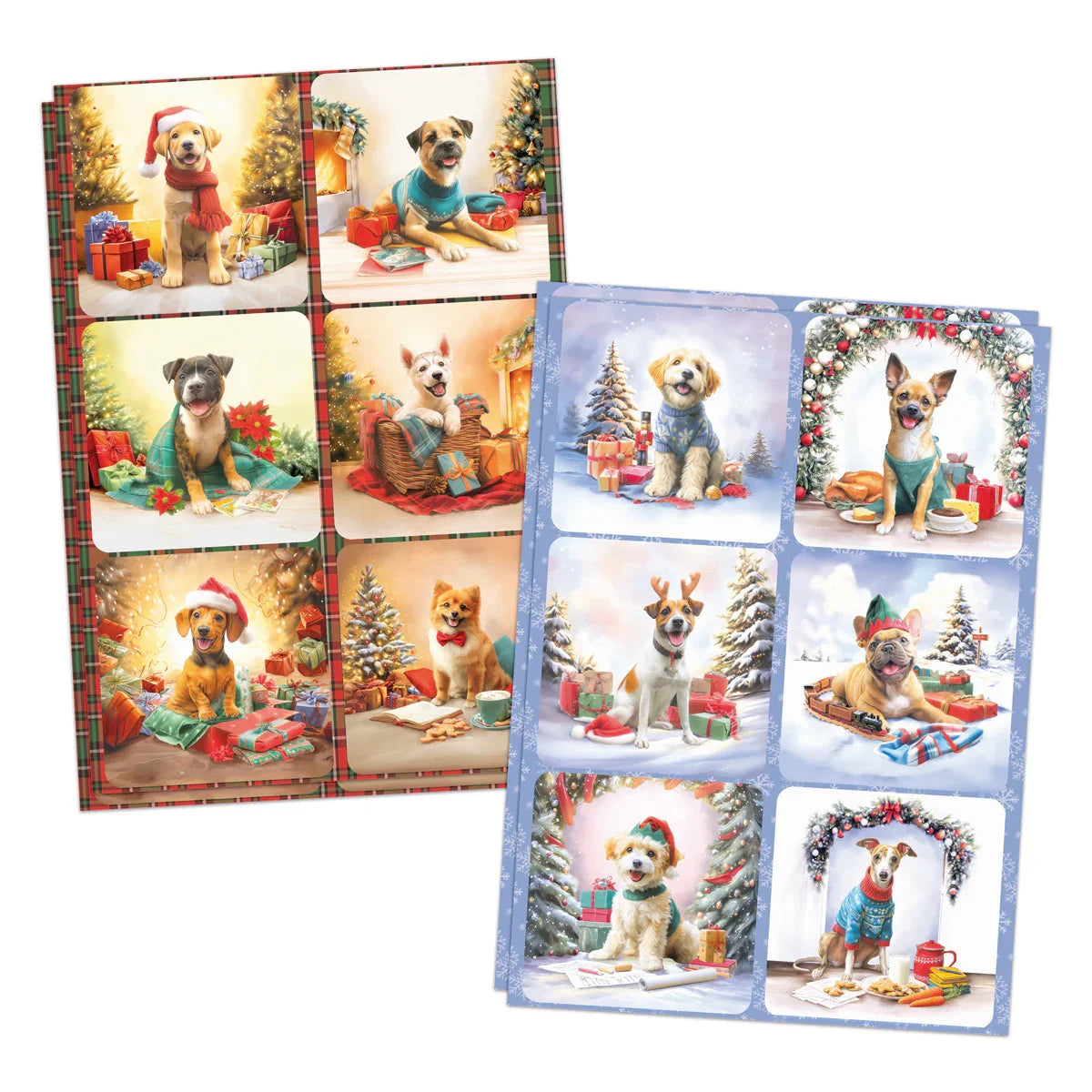 Two sets of Christmas-themed greeting cards with dogs in various poses on a white background.