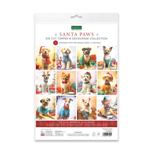 Packaging of 'Santa Paws' die cut topper and decoupage collection with images of dogs in festive outfits.