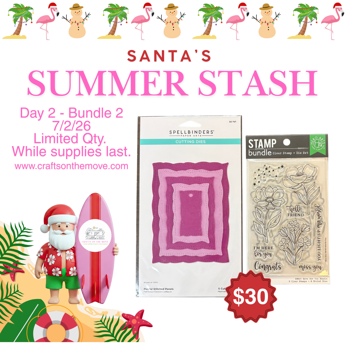 Promotional bundle graphic for 'Santa's Summer Stash Day 2 - Bundle 2' showing two craft products: Spellbinders Scrap Book Scissors in a pink patterned package and Stamp Bundle Clear Stamps in a floral design package. The image has a festive summer theme with palm trees, snowmen, a Santa figurine holding a surfboard, and a red '$30' badge.