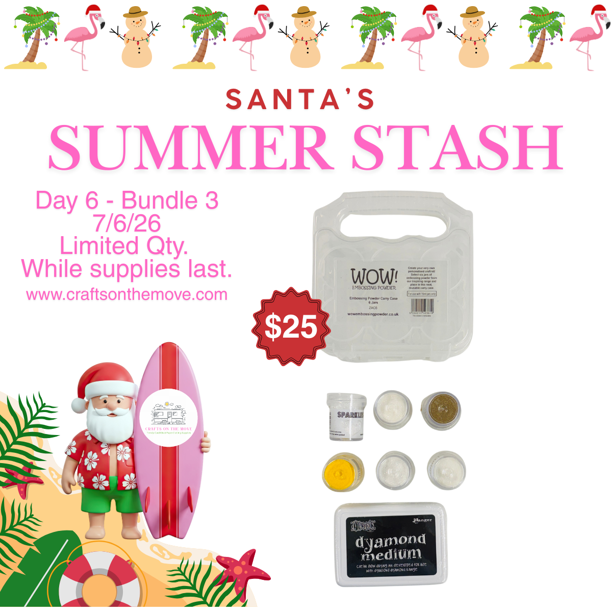 promotional graphic with embossing powder and wow organizational case with a santa and a surf board