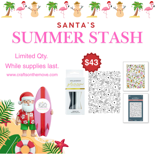 santa's summer stash promtional graphic with spellbinders black and white rolls of foils floral betterpress plate