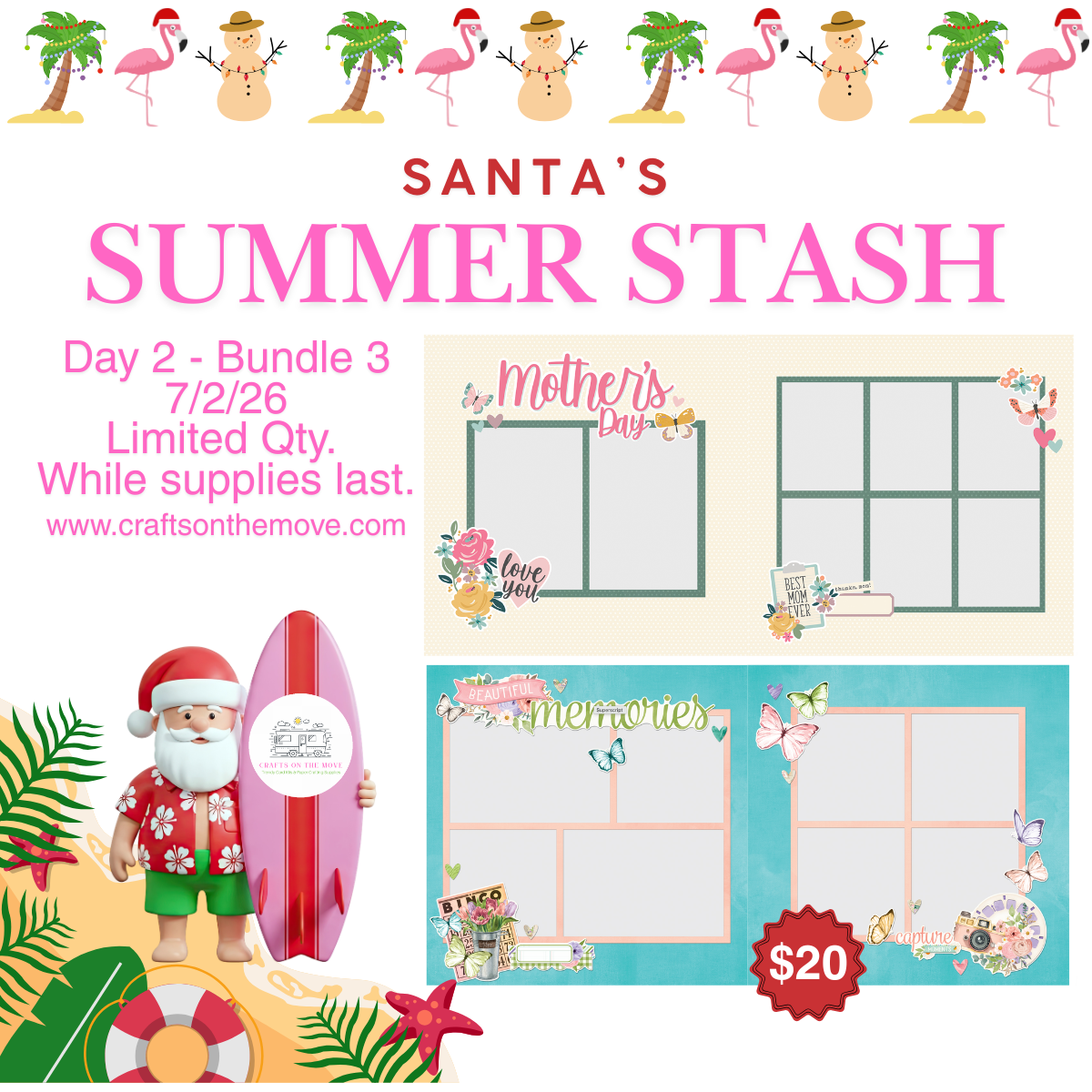 Promotional graphic for a summer-themed scrapbook bundle titled 'Santa's Summer Stash Day 2 - Bundle 3'. The design features a festive tropical and Christmas theme with flamingos, snowmen, palm trees, and a cartoon Santa holding a pink surfboard.