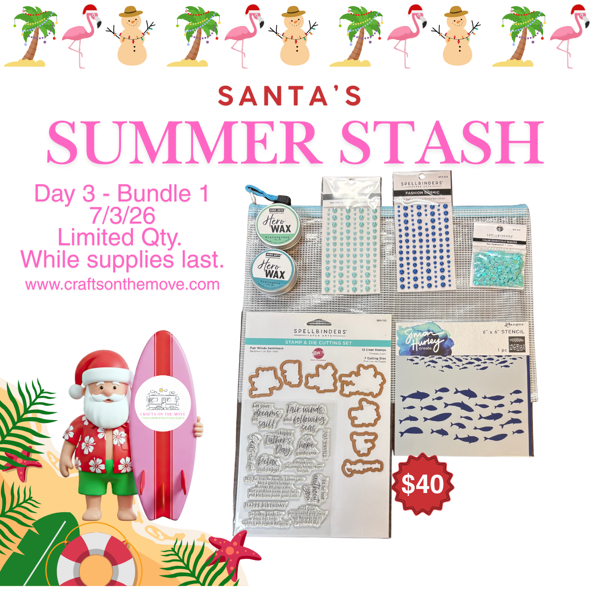 Craft supplies bundle titled 'Santa's Summer Stash' displayed on a white background with tropical and holiday graphics. The bundle includes clear stamps, patterned sheets, wax melts, stickers, and embellishments.