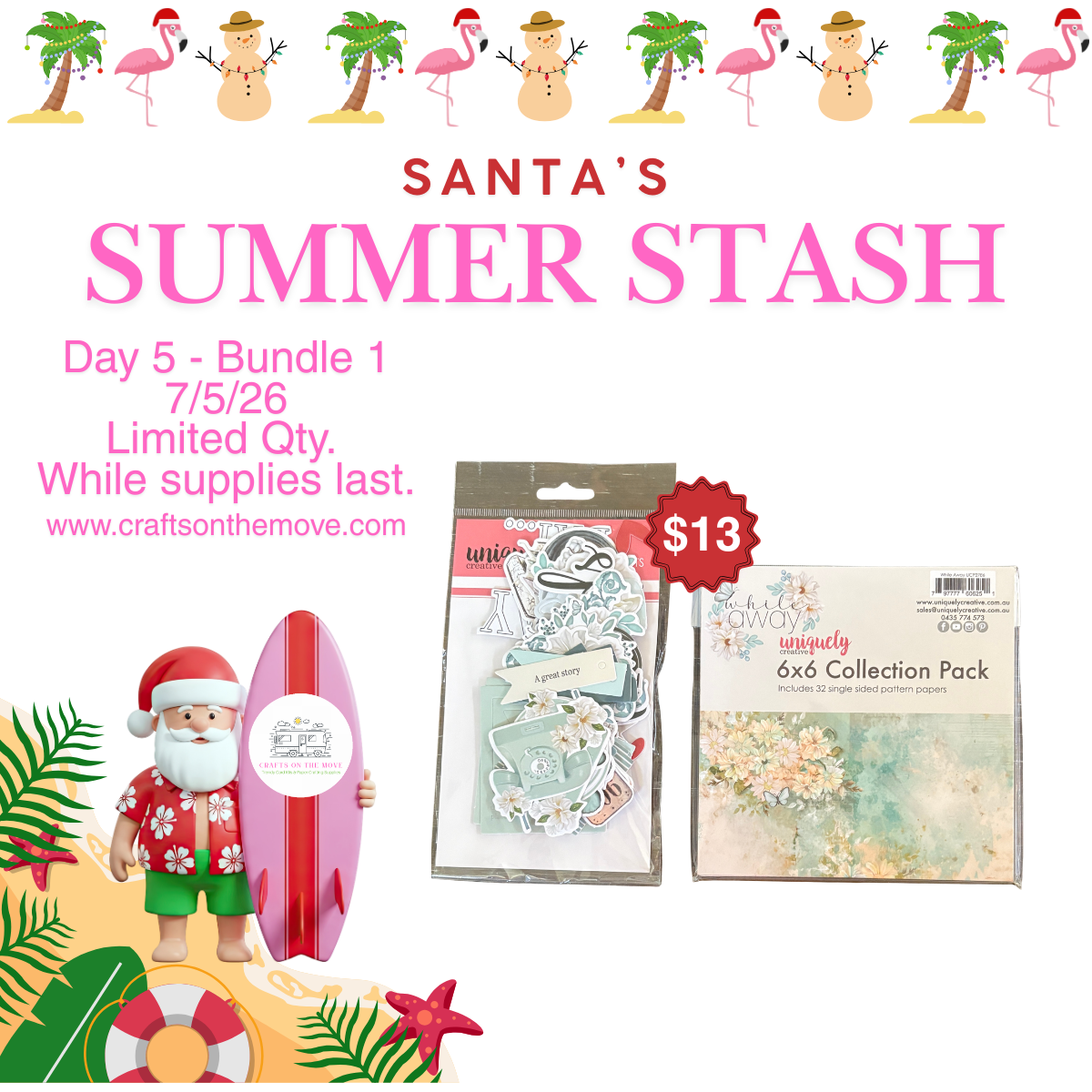 promotion santa's summer stash with paper pad and paper embellishments on white background