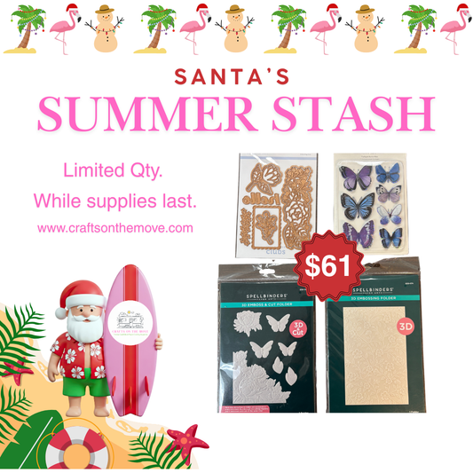 Promotional graphic for a craft bundle titled 'Santa's Summer Stash Day 2 - Bundle 1' with holiday-themed text, product photos including glitter sheets, butterfly decals, and sticker packs, a red sale badge showing $38, and a Santa holding a surfboard illustration on a white background.