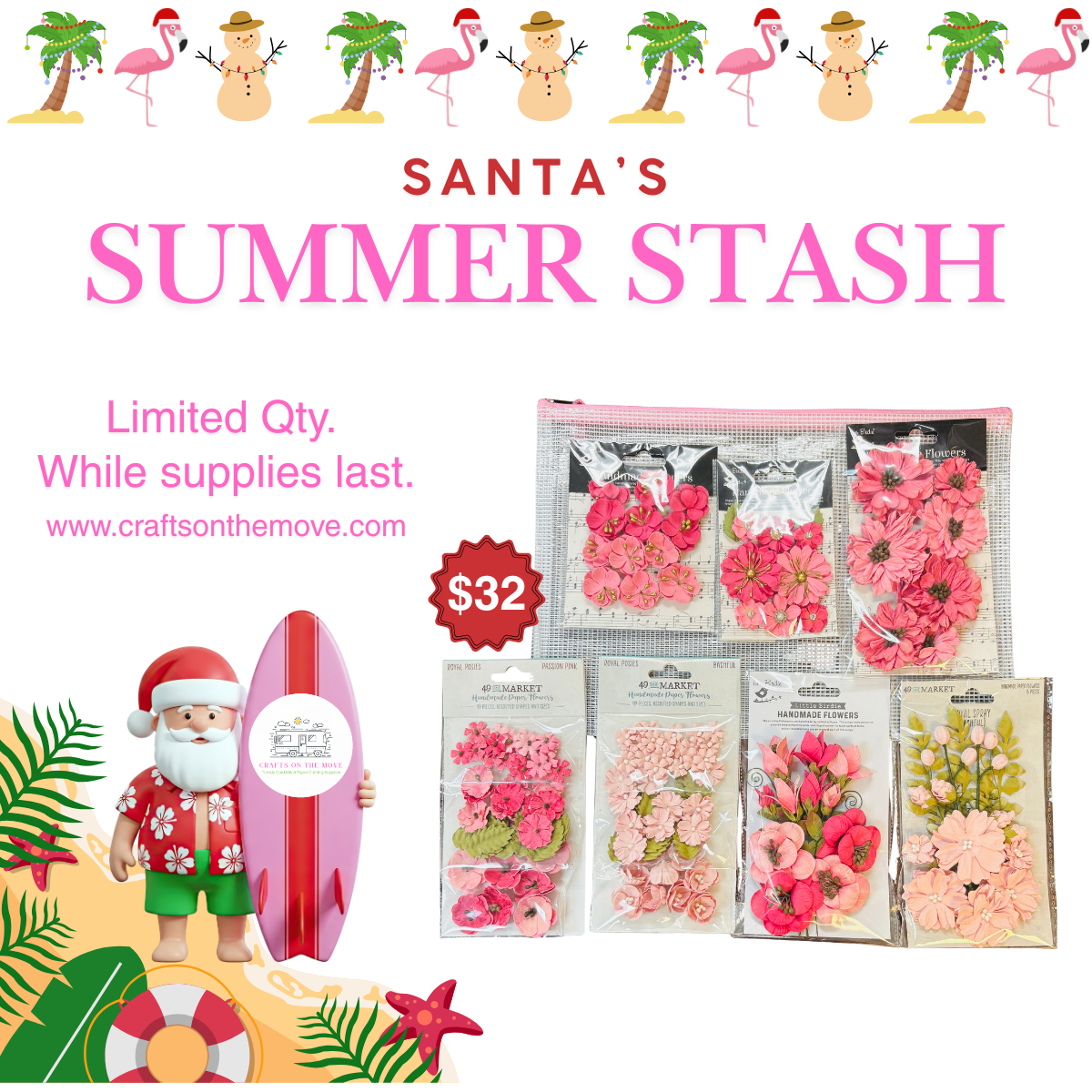 Promotional graphic for 'Santa's Summer Stash' Day 3 Bundle 1, showing six packaged craft embellishments including pink flowers, sequins, beads, and floral pieces. The design includes a Santa figure with a surfboard, tropical leaves, flamingos, snowman decorations, and a $24 price badge on a white background.