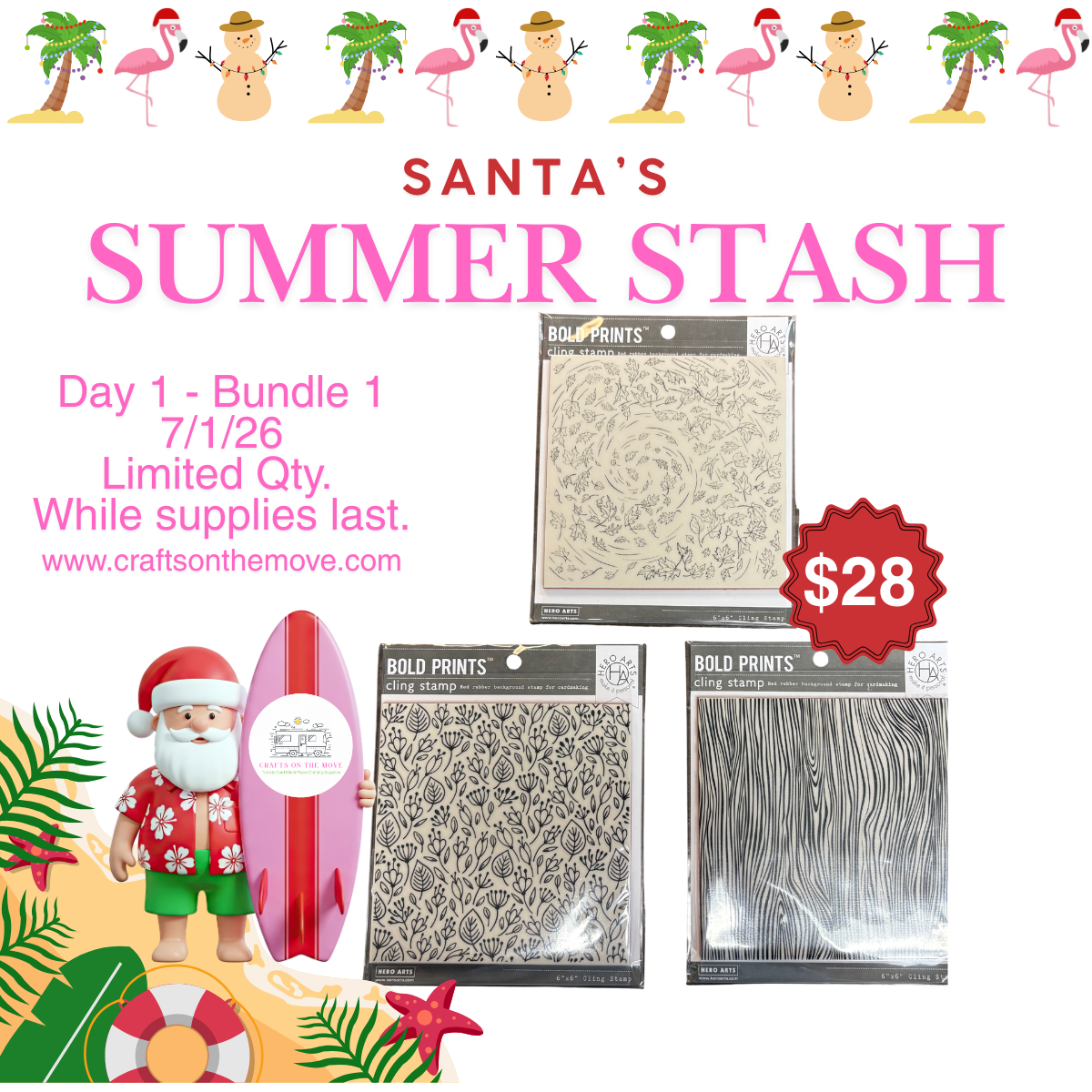 Promotional graphic for 'Santa's Summer Stash' with craft supplies and promotional text.