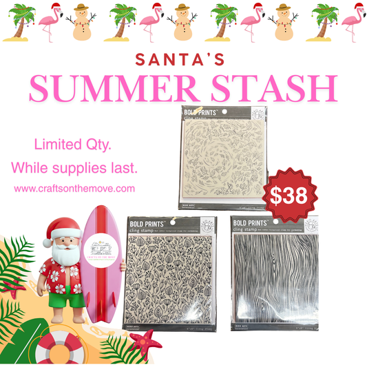 Promotional graphic for 'Santa's Summer Stash' with craft supplies and promotional text.