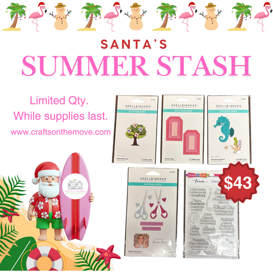 Promotional graphic for 'Santa's Summer Stash' with craft items and a Santa figure on a beach-themed background.