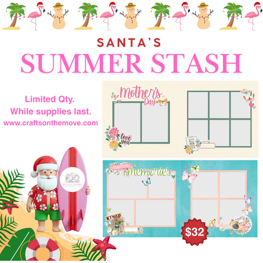 Promotional graphic for a summer-themed scrapbook bundle titled 'Santa's Summer Stash Day 2 - Bundle 3'. The design features a festive tropical and Christmas theme with flamingos, snowmen, palm trees, and a cartoon Santa holding a pink surfboard.