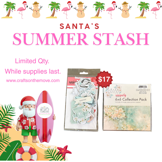 promotion santa's summer stash with paper pad and paper embellishments on white background