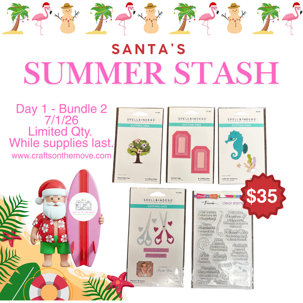 Promotional graphic for 'Santa's Summer Stash' with craft items and a Santa figure on a beach-themed background.