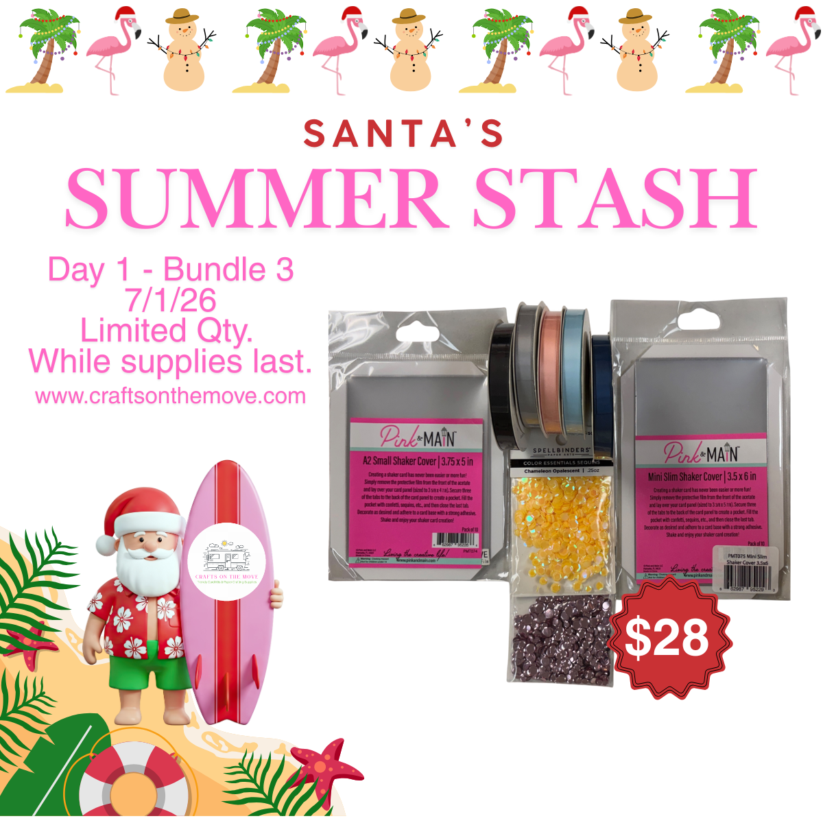 Promotional image for 'Santa's Summer Stash' with craft supplies and a Santa figure on a beach-themed background.