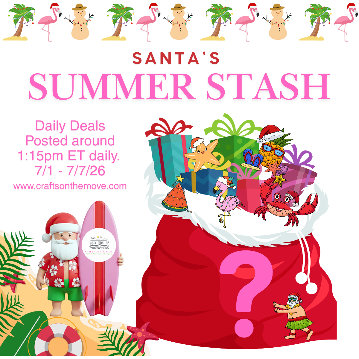 graphic of summer Christmas images and santa for a promotion with a big santa toy bag and pink question mark