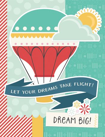 Card with hot air balloon illustration and motivational text on a colorful background