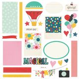 Collection of colorful paper elements with patterns and text on a white background