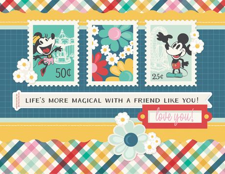 Cartoon stamps with Mickey Mouse and floral designs on a colorful background
