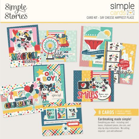 Set of colorful greeting cards with Mickey Mouse designs on a white background