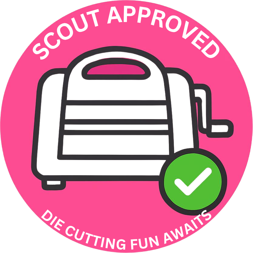 Logo with a die cutting machine and 'Scout Approved' text on a pink background