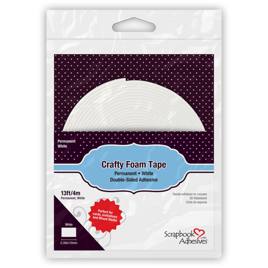 Packaged craft foam tape by Scrapbook Adhesives, shown in its white hanging retail bag with a purple and blue label panel indicating white double-sided adhesive tape.